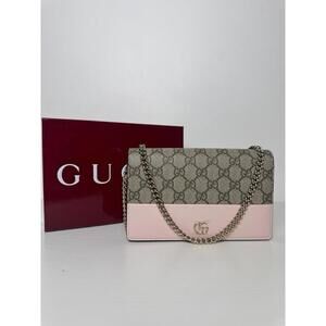 Gucci GG Marmont Mini Chain Wallet Bag WOC Pink Canvas Mirror Brand New